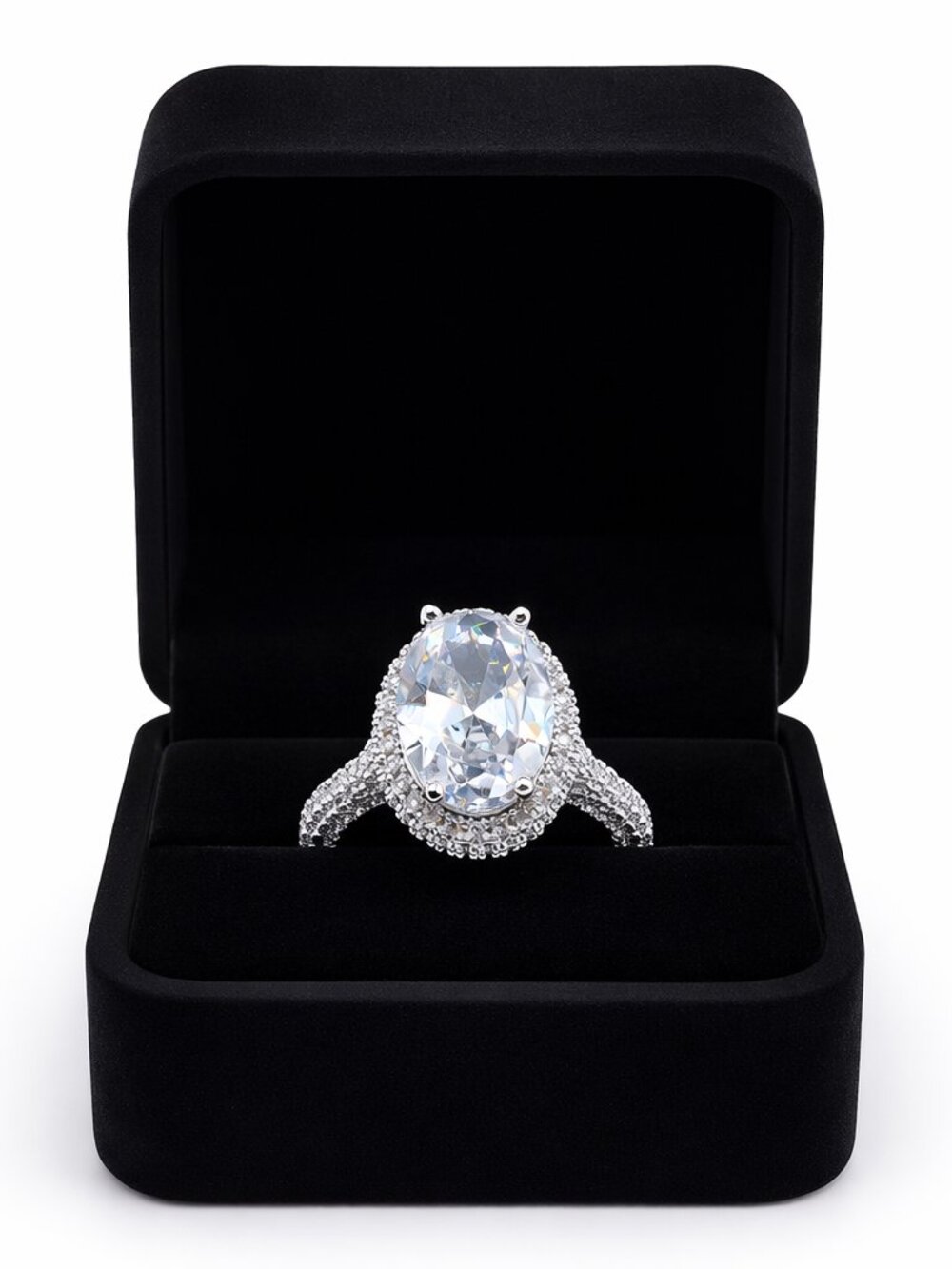 Oval Cut Halo Crystal Pave Band White Gold Tone Luxury Wedding Engagement Ring